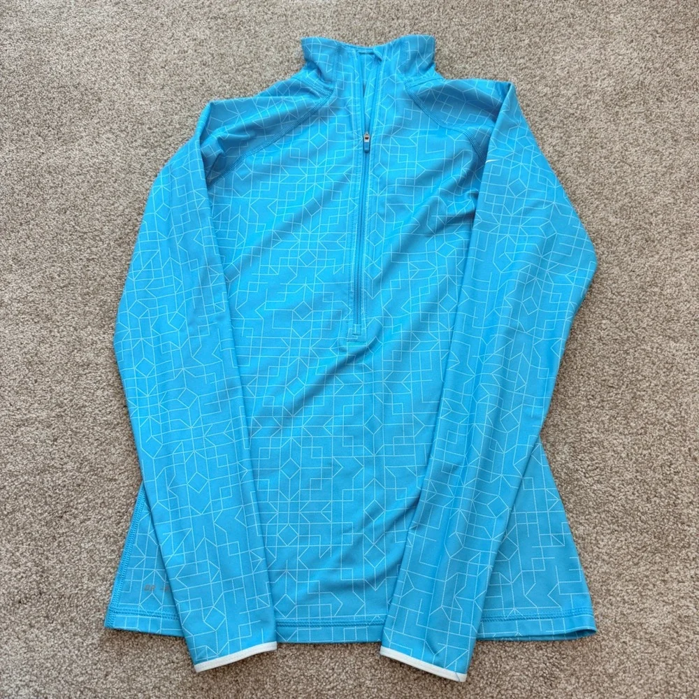 Nike Pro Quarter Zip Pullover Womens Medium Blue Geometric Fleece Lined Top